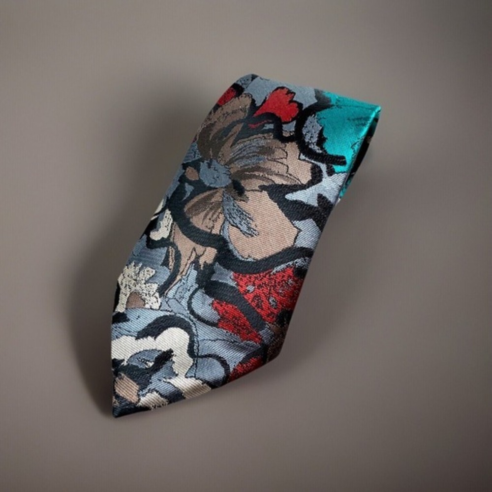 WEMSILK by Wembley Tie‎ Hibiscus floral Teal & Red & Grey Pictorial 3.5" x 60"